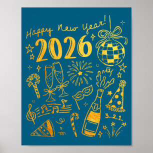 Hello 2026 Disco Ball Coquette Bow Happy New Year  Poster
