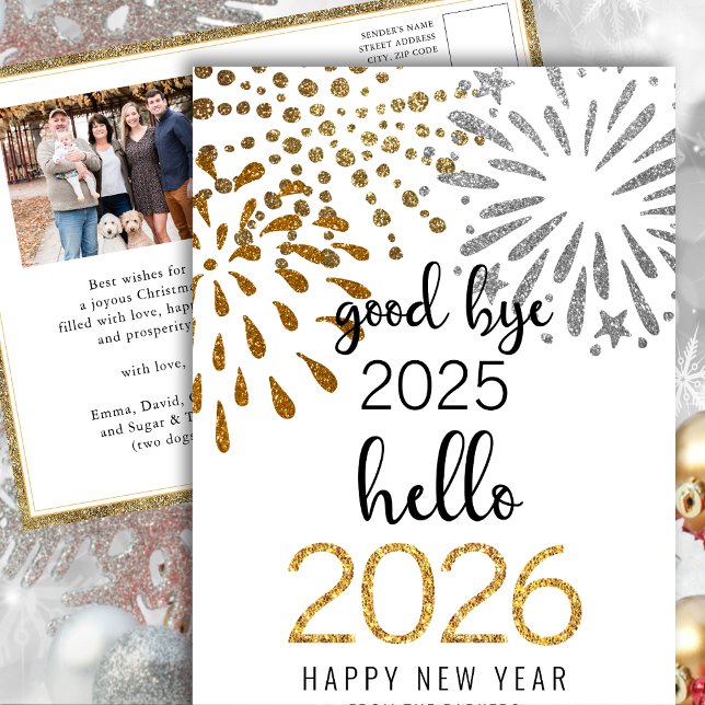 Hello 2026 Festive Fireworks New Year Gold Photo Holiday Postcard (Creator Uploaded)