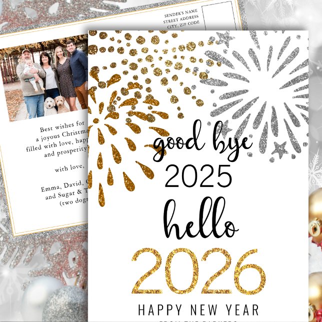 Hello 2026 Festive Fireworks New Year Gold Photo Holiday Postcard (Creator Uploaded)