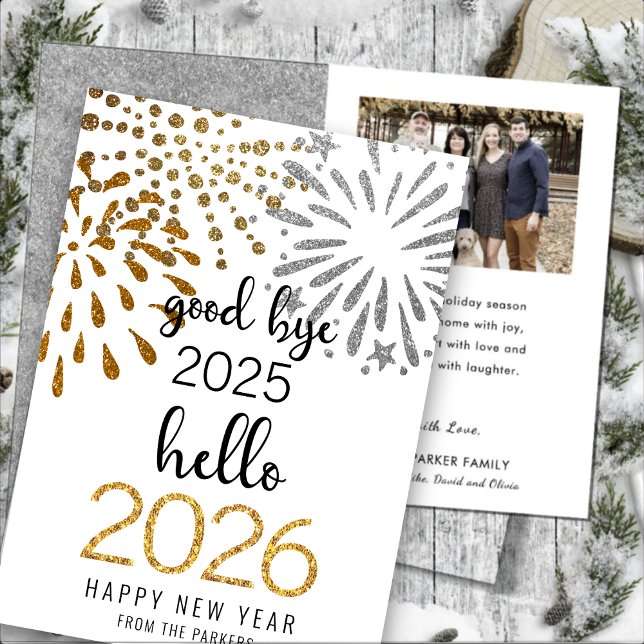 Hello 2026 Gold Glitter Festive Fireworks New Year Holiday Card (Creator Uploaded)