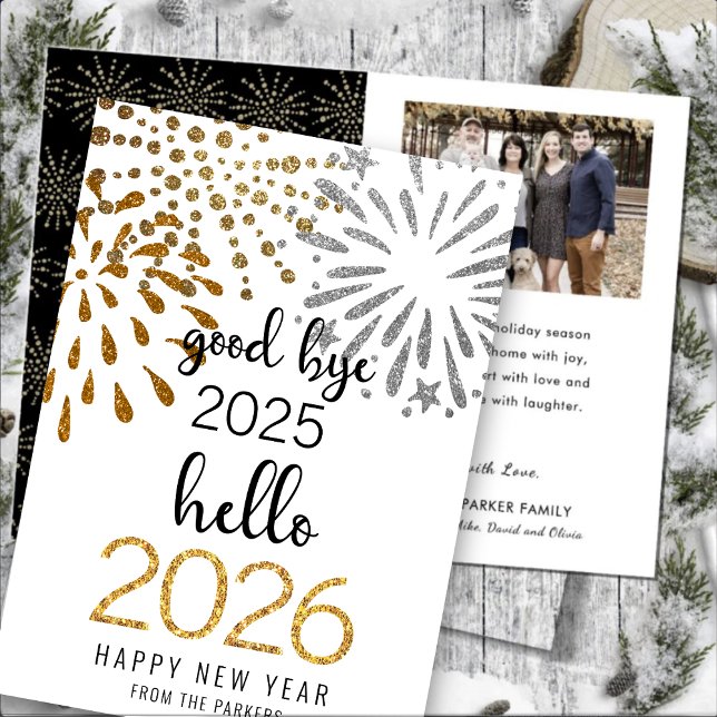 Hello 2026 Gold Glitter Festive Fireworks New Year Holiday Card (Creator Uploaded)
