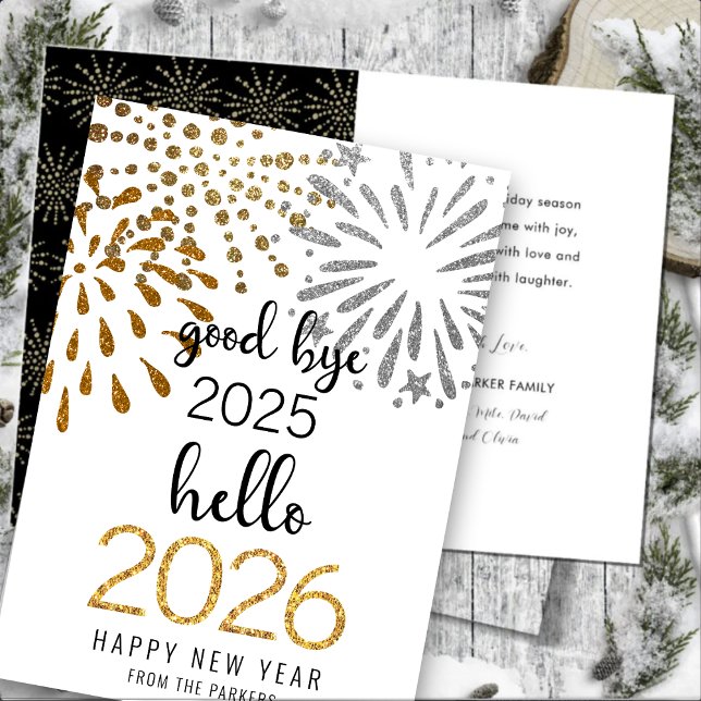 Hello 2026 Gold Glitter Festive Fireworks New Year Holiday Card (Creator Uploaded)