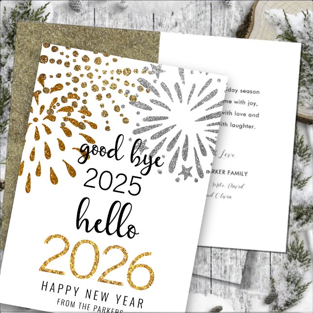 Hello 2026 Gold Glitter Festive Fireworks New Year Holiday Card (Creator Uploaded)