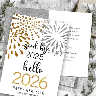 Hello 2026 Gold Glitter Festive Fireworks New Year Holiday Card