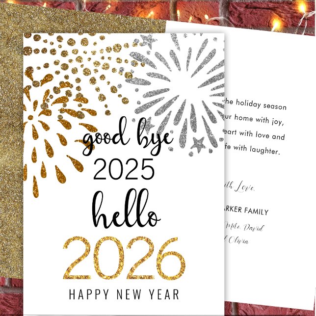Hello 2026 Gold Glitter Festive Fireworks New Year Holiday Card (Creator Uploaded)