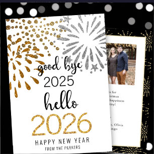 Hello 2026 Gold Glitter Festive Fireworks New Year Holiday Card