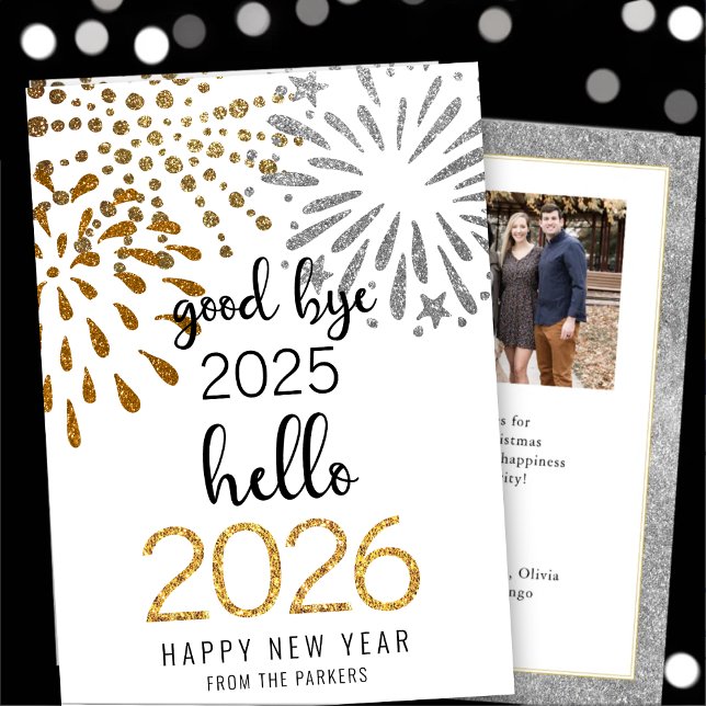 Hello 2026 Gold Glitter Festive Fireworks New Year Holiday Card (Creator Uploaded)
