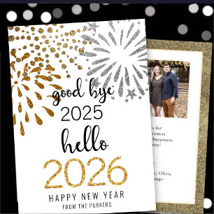 Hello 2026 Gold Glitter Festive Fireworks New Year Holiday Card