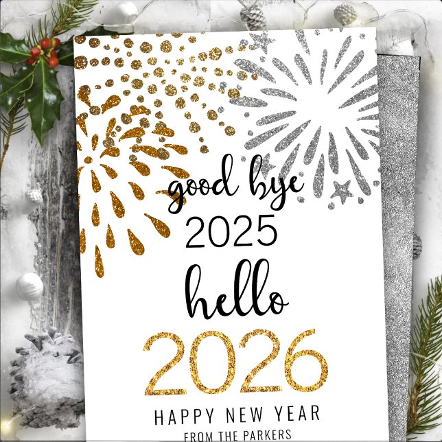 Hello 2026 Gold Glitter Festive Fireworks New Year Holiday Card (Creator Uploaded)
