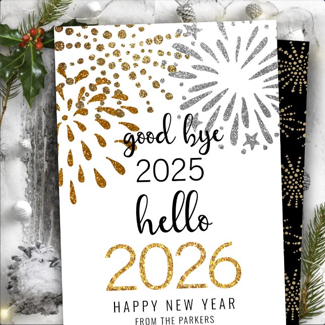Hello 2026 Gold Glitter Festive Fireworks New Year Holiday Card (Creator Uploaded)