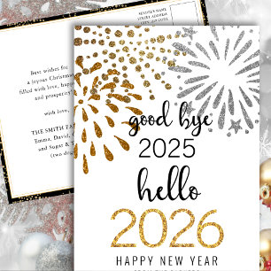 Hello 2026 Gold Glitter Festive Fireworks New Year Holiday Postcard
