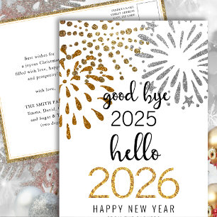 Hello 2026 Gold Glitter Festive Fireworks New Year Holiday Postcard