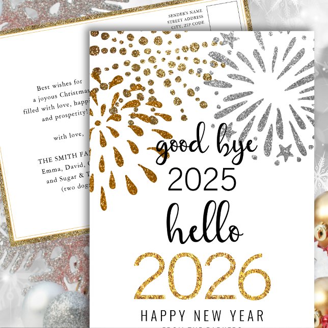 Hello 2026 Gold Glitter Festive Fireworks New Year Holiday Postcard (Creator Uploaded)