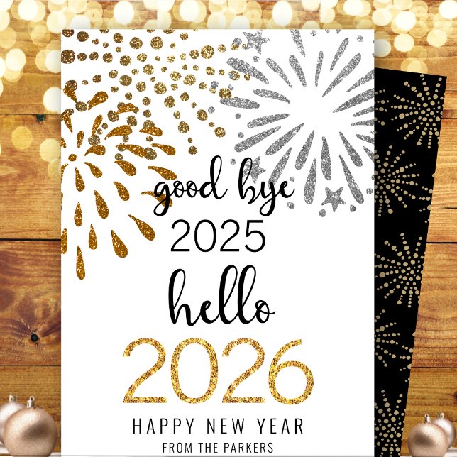 Hello 2026 New Year Festive Firework Gold Glitter Holiday Card (Creator Uploaded)
