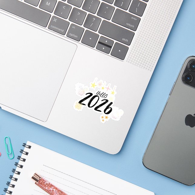 Hello 2026 New Year Fireworks Die Cut Sticker (Laptop w/ iPhone)