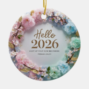 Hello 2026 Pastel Floral Wreath Ceramic Ornament