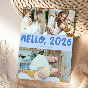 Hello 2026 Typography Icy Blue Photo Holiday Card