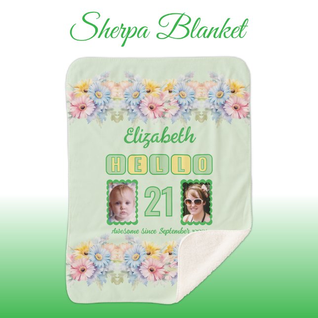 Hello 21 2 photo name date flowers green sherpa blanket (Creator Uploaded)