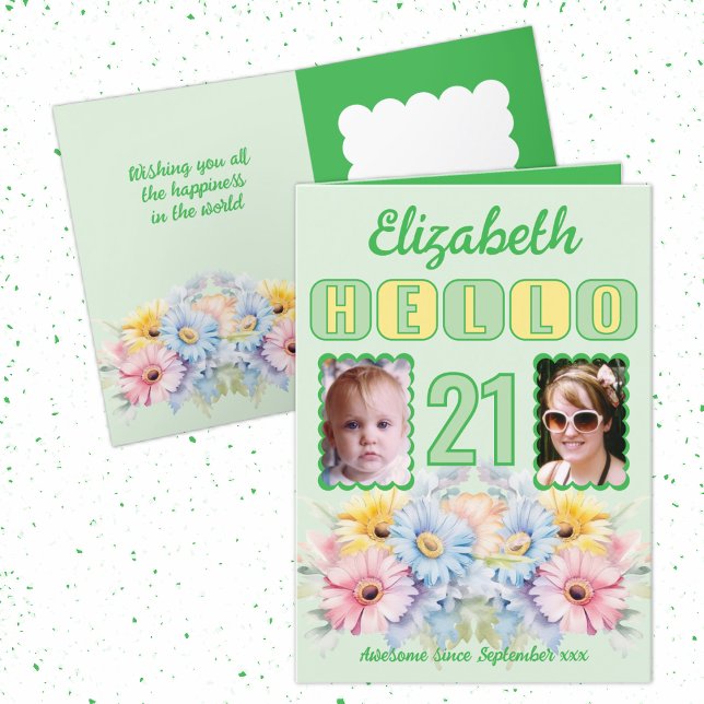 Hello 21 birthday name 2 photo floral green card (Creator Uploaded)