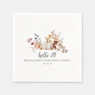 Hello 21 Fall Pumpkin Leaves Custom Birthday Napkins