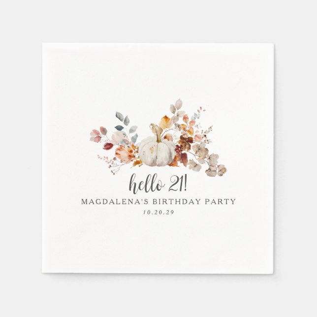 Hello 21 Fall Pumpkin Leaves Custom Birthday Napkins (Front)
