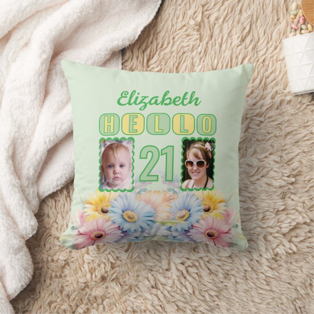 Hello 21 name 2 photos gerbera flowers green throw pillow (Blanket)
