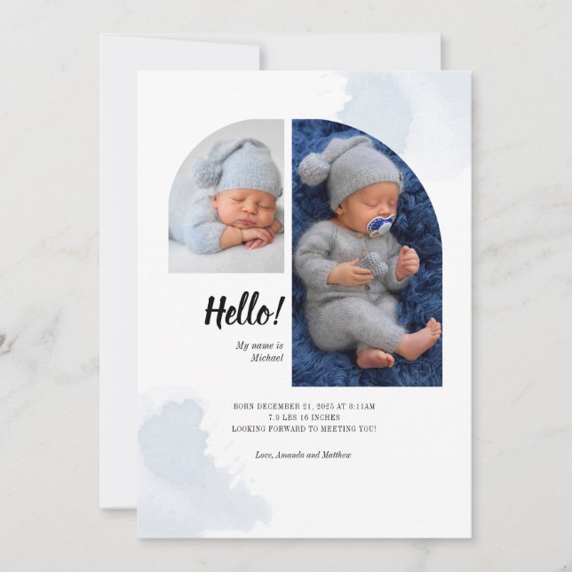 Hello 2 Photos Arch Baby Birth Announcement Card (Front)
