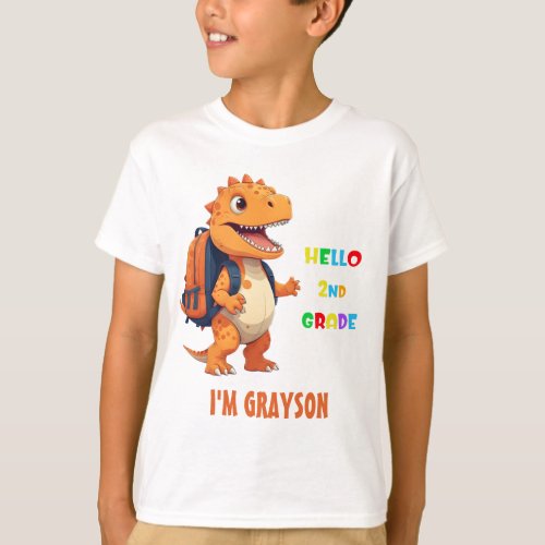 Hello 2nd grade Dinosaur with name back to school T_Shirt