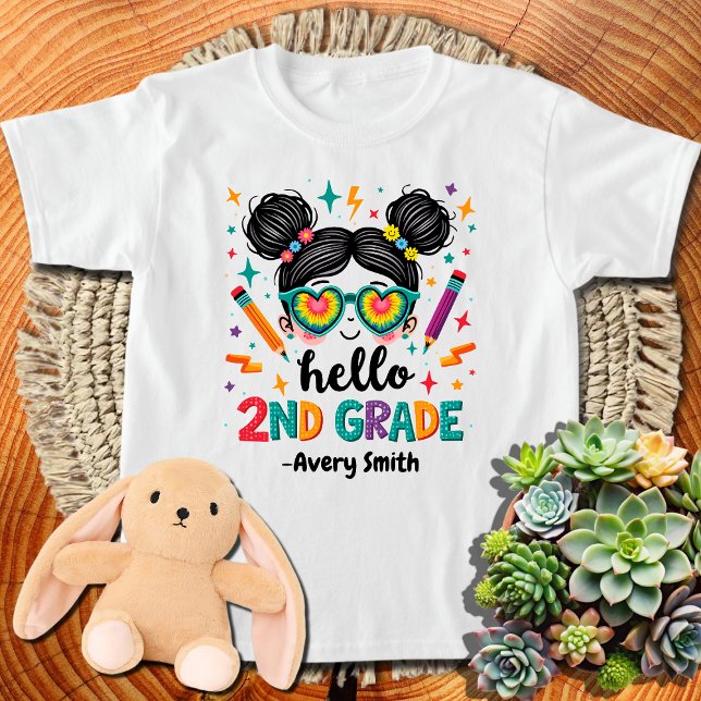 Hello 2nd Grade Messy Hair Bun Girl Back To School T-Shirt (Creator Uploaded)