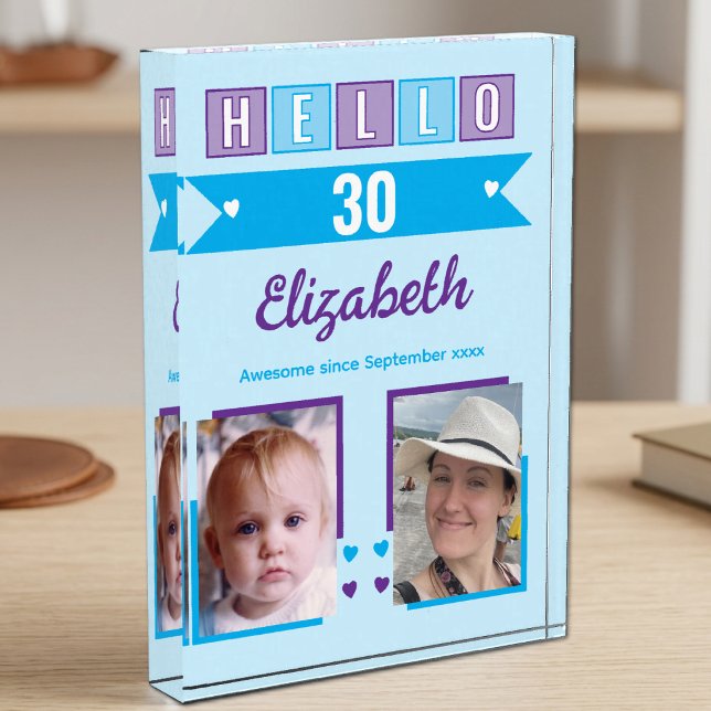 Hello 30 (any age) name est date blue purple photo block (Creator Uploaded)