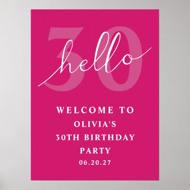 Hello 30 Bold Typography Hot Pink Birthday Welcome Poster (Front)