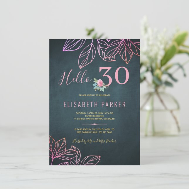 Hello 30 chic gold navy pink 30th birthday party i invitation (Standing Front)