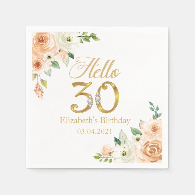 Hello 30 Diamonds & gold Birthday Napkins (Front)