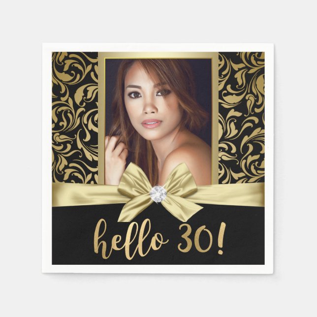 Hello 30 Gold Black Damask 30th Birthday Napkins (Front)