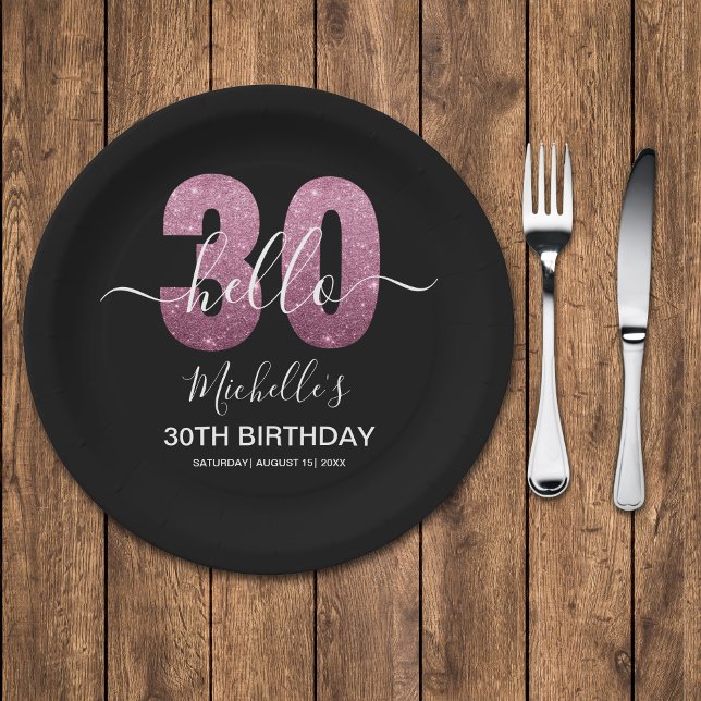 Hello 30! Modern 30th birthday Pink glitter Paper Plates (Creator Uploaded)