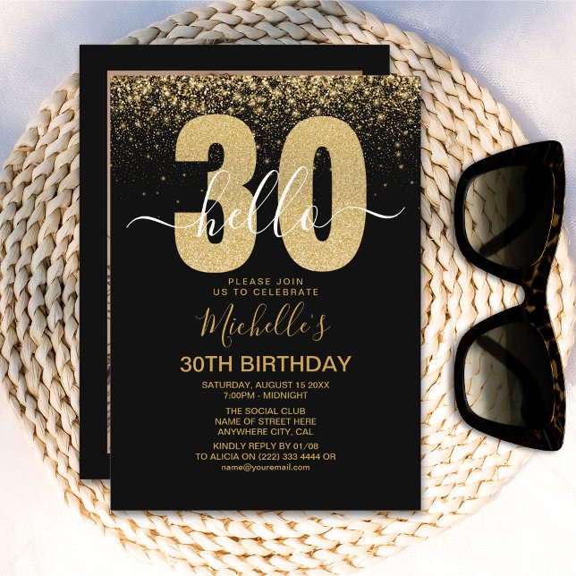 Hello 30! modern 30th birthday with gold glitter invitation (Creator Uploaded)