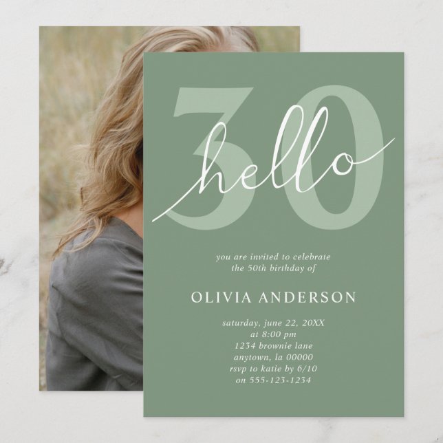 Hello 30 | Modern Sage Green 30th Birthday Photo Invitation (Front/Back)