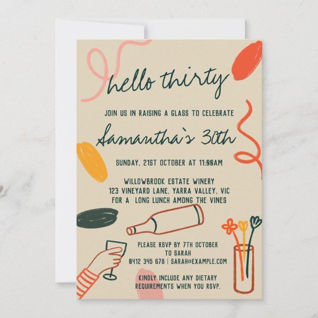 Hello 30 Thirty Thirtieth Winery Lunch Birthday Invitation (Front)