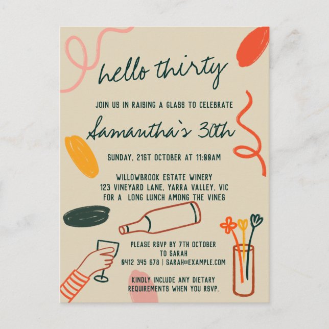 Hello 30 Thirty Thirtieth Winery Lunch Birthday Postcard (Front)