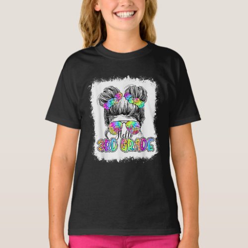 Hello 3rd Grade Messy Bun Girls Tie Dye Cute T_Shirt