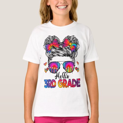 Hello 3rd Grade Messy Hair Bun Girl Back To School T_Shirt