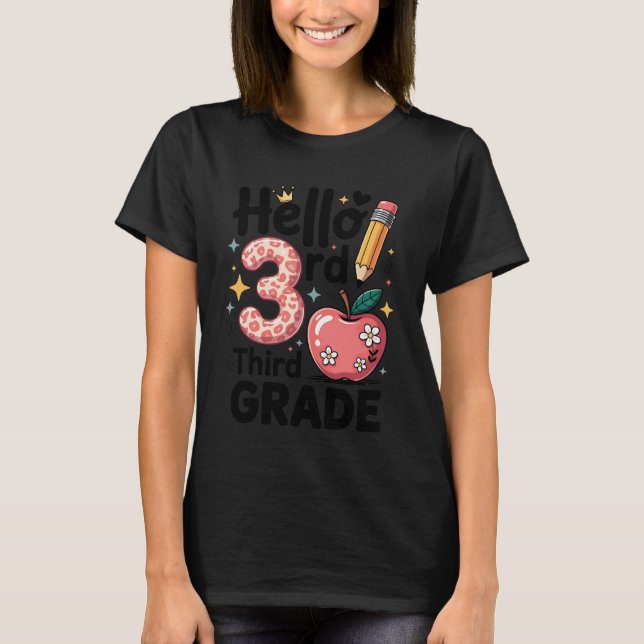 Hello 3rd Third Grade Back To School Pink Leopard  T-Shirt (Front)