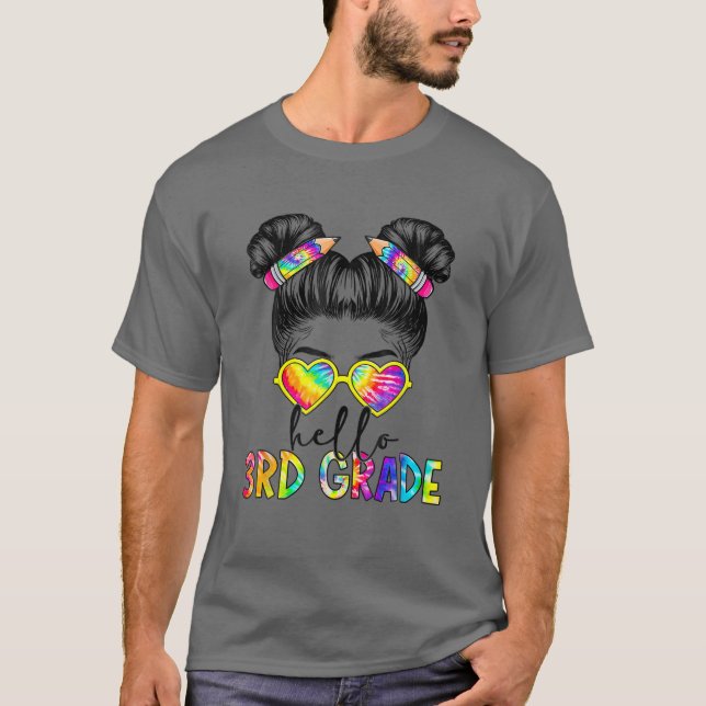 Hello 3Rd Third Grade Messy Bun Back To School Tie T-Shirt (Front)