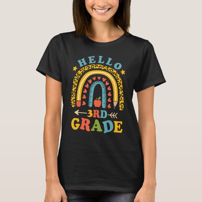 Hello 3rd Third Grade Teacher Leopard Rainbow Back T-Shirt (Front)