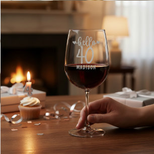Hello 40 Fortieth Birthday Personalized Name Wine Glass