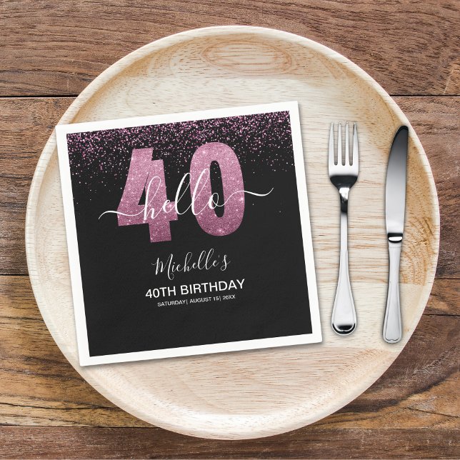 Hello 40! Modern 40th birthday with Pink glitter Napkins (Creator Uploaded)