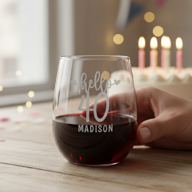 Hello 40 Personalized Birthday Name Gift Stemless Wine Glass (Creator Uploaded)
