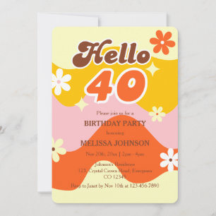 Hello 40 Retro Wave Groovy Flower Birthday Invitation