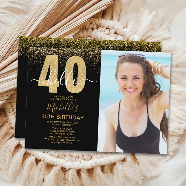 Hello 40 years - Golden glitter  with photo  Invitation (Creator Uploaded)