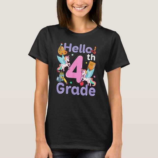 Hello 4th Grade Cute Unicorn Rainbow Back To Schoo T-Shirt (Front)